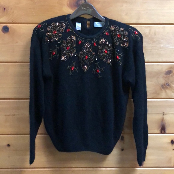 Vintage Karen Scott Holiday Sweater silk angora wool S embellished Christmas - Picture 1 of 8
